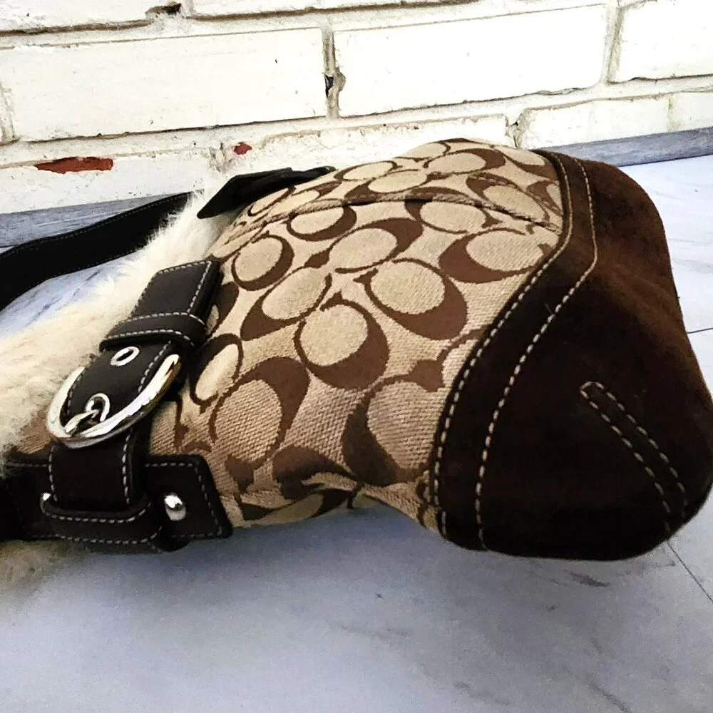 Euc Coach Signature Canvas Shearling Duffle Khaki Handbag Tote Bag Purse